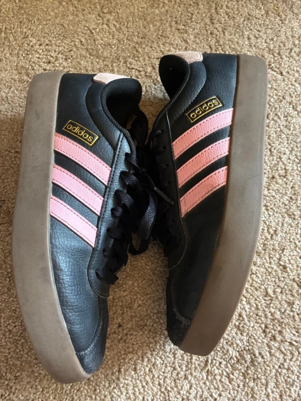 Adidas VL Court 2.0 Black Leather Pink Stripe Gum Sole Sneakers size 7